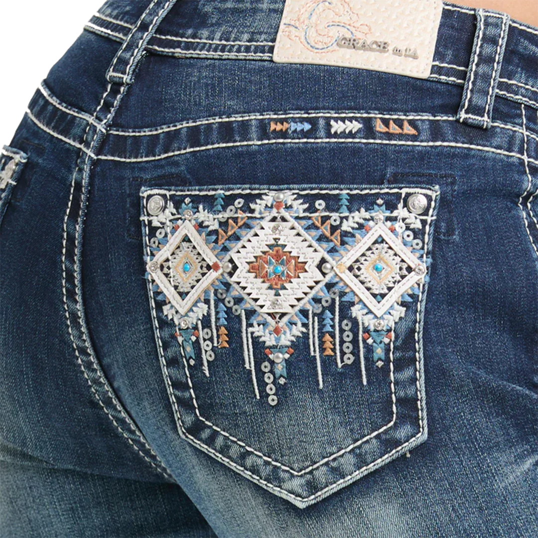Grace in LA Women's Aztec Colored Embroidery Mid Rise Bootcut Jeans - Image 6