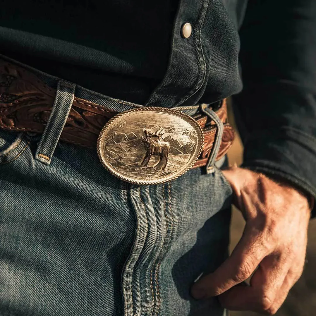 Montana Silversmiths Etched Mountain Scene & Bull Elk Belt Buckle - Image 3