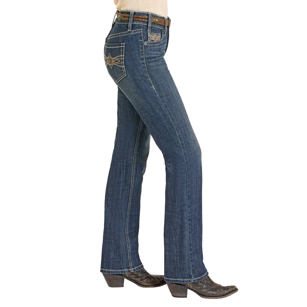 Rock & Roll Denim Women's Leather Embroidered Pocket Modest Bootcut Jeans - Image 3
