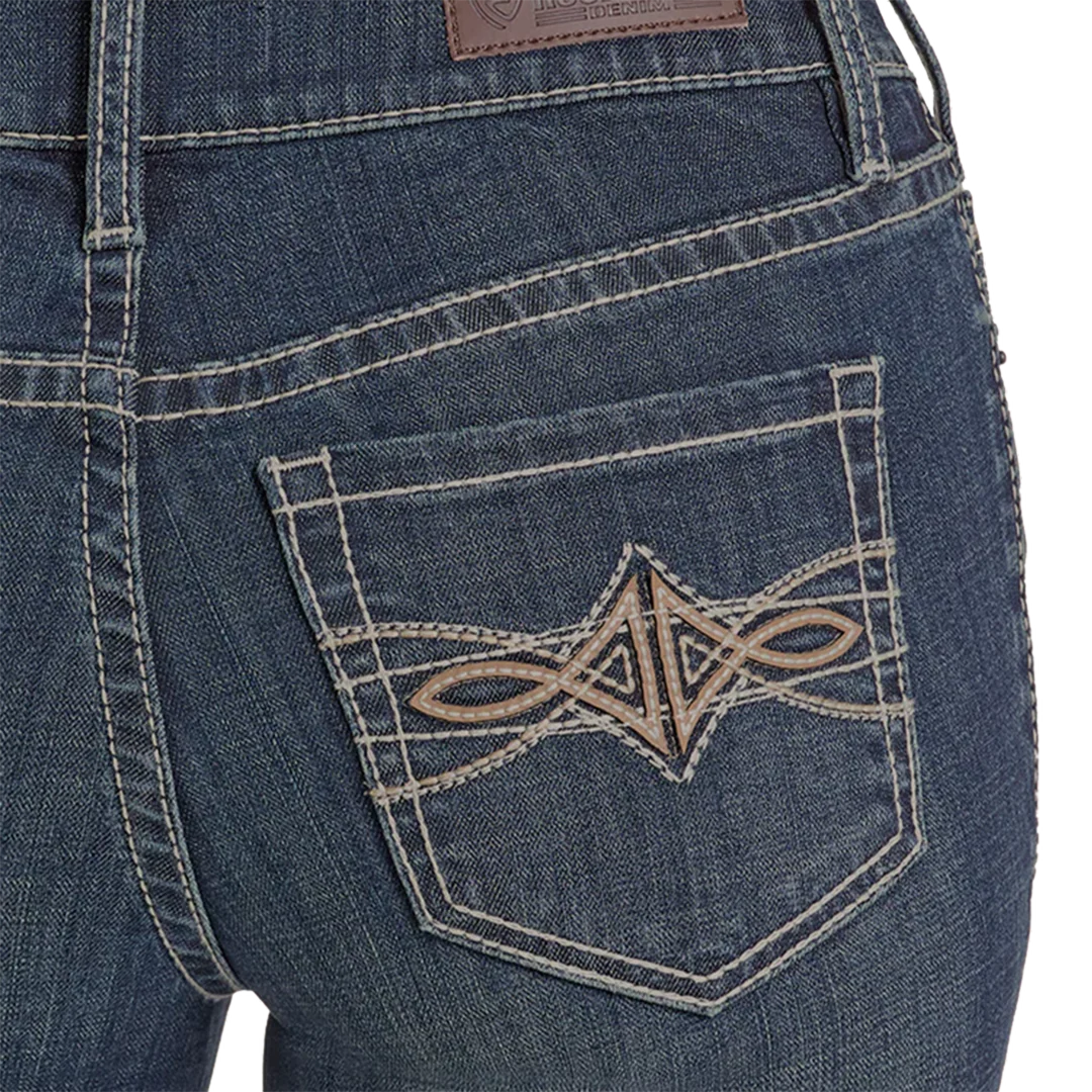 Rock & Roll Denim Women's Leather Embroidered Pocket Modest Bootcut Jeans - Image 4