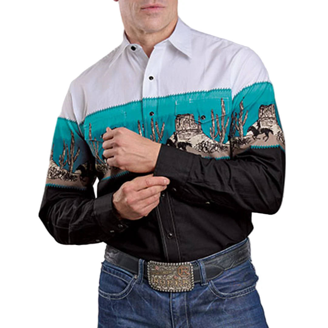 Roper Men's Vintage Collection Scenic Print Border Long Sleeve Snap Shirt